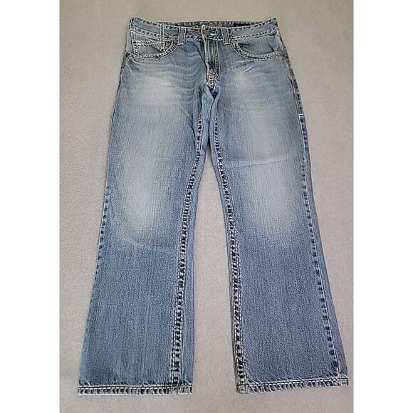 Wrangler Rock 47 Jeans Mens 34x28.5 Boot Blue Cowboy Western Cotton Thick Stitch - Picture 1 of 15